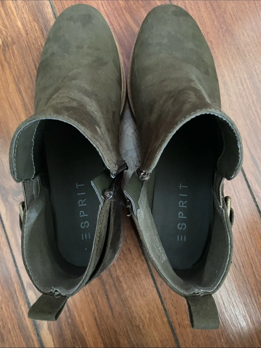 ESPRIT Women's Olive Green Faux Suede Ankle Boots with Side Buckle and Zipper 9